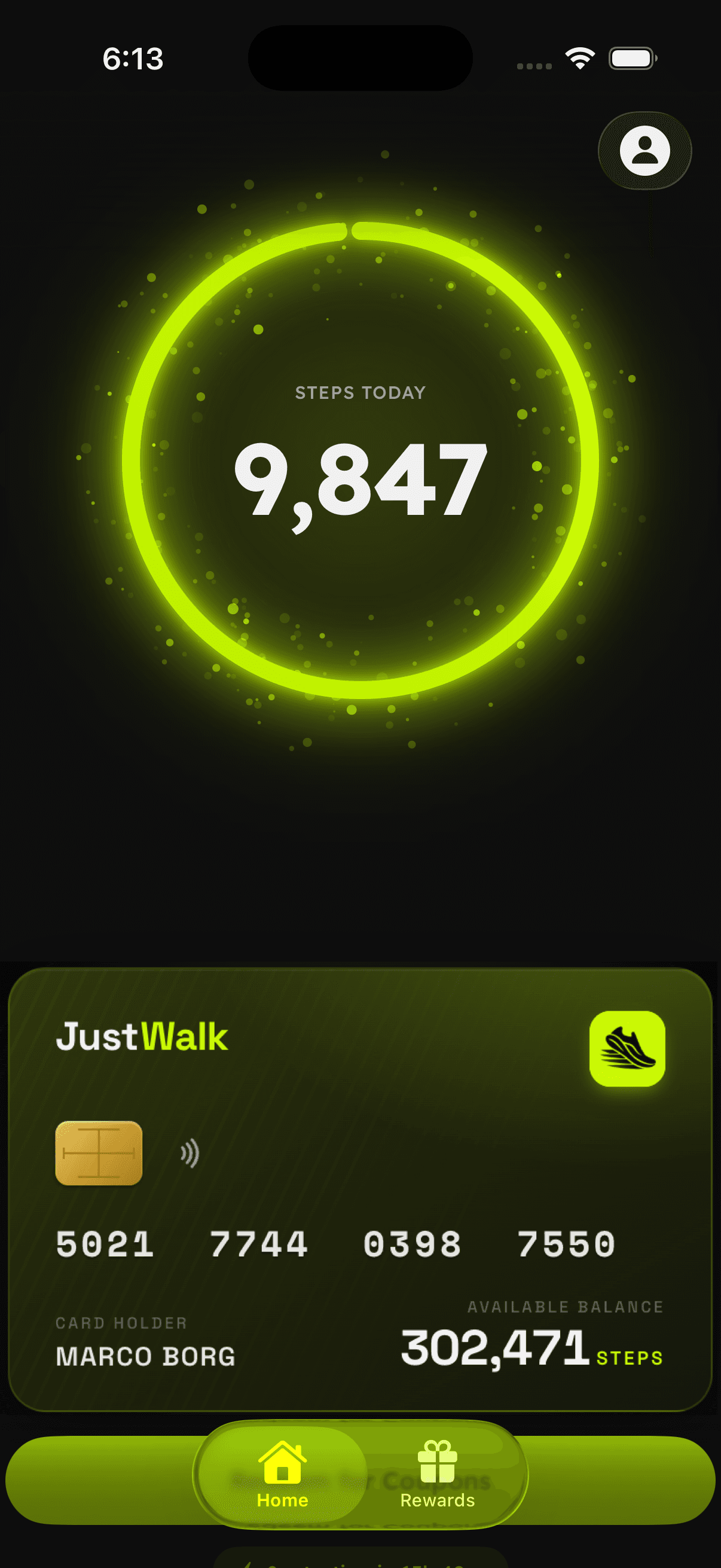 JustWalk home screen with the steps-today ring showing 9,847 steps