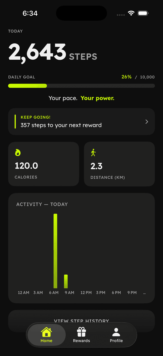 Just Walk home screen — step counter and daily activity chart