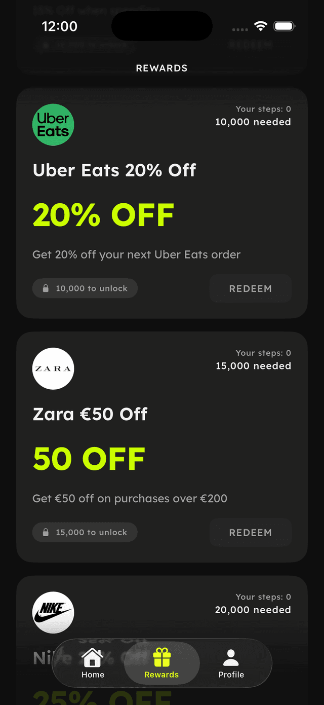 Just Walk rewards screen — Uber Eats, Zara, Nike partner deals
